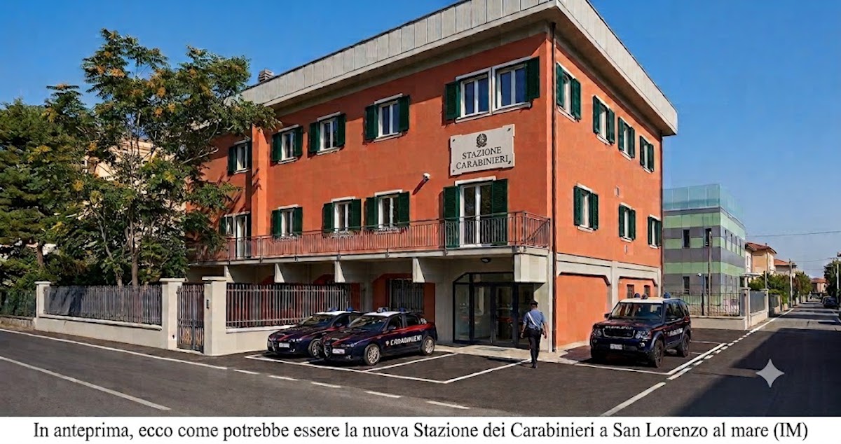 Rendering di progetto della nuova Stazione dei Carabinieri di San Lorenzo al Mare presso l'ex edificio SIP ristrutturato, con gazzelle dell'Arma e militari nel piazzale