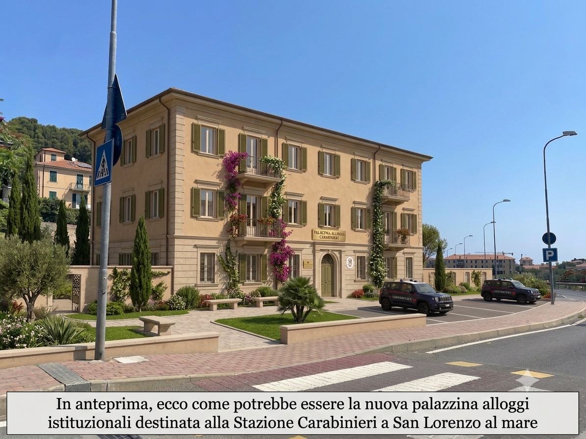 "Vista panoramica stradale di un'elegante palazzina alloggi istituzionali destinata alla Stazione dei Carabinieri in Liguria, con facciata terracotta, ampie fioriture di bougainvillea, giardini curati e veicoli Jeep Renegade dei Carabinieri parcheggiati.