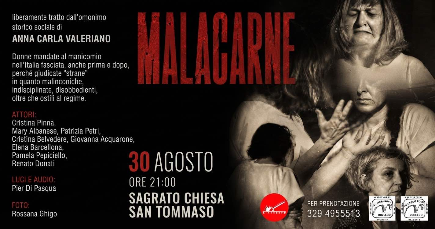 locandina dello spettacolo Malacarne, tratto dall'omonimo saggio di Anna Carla Valeriano in scena a Docedo