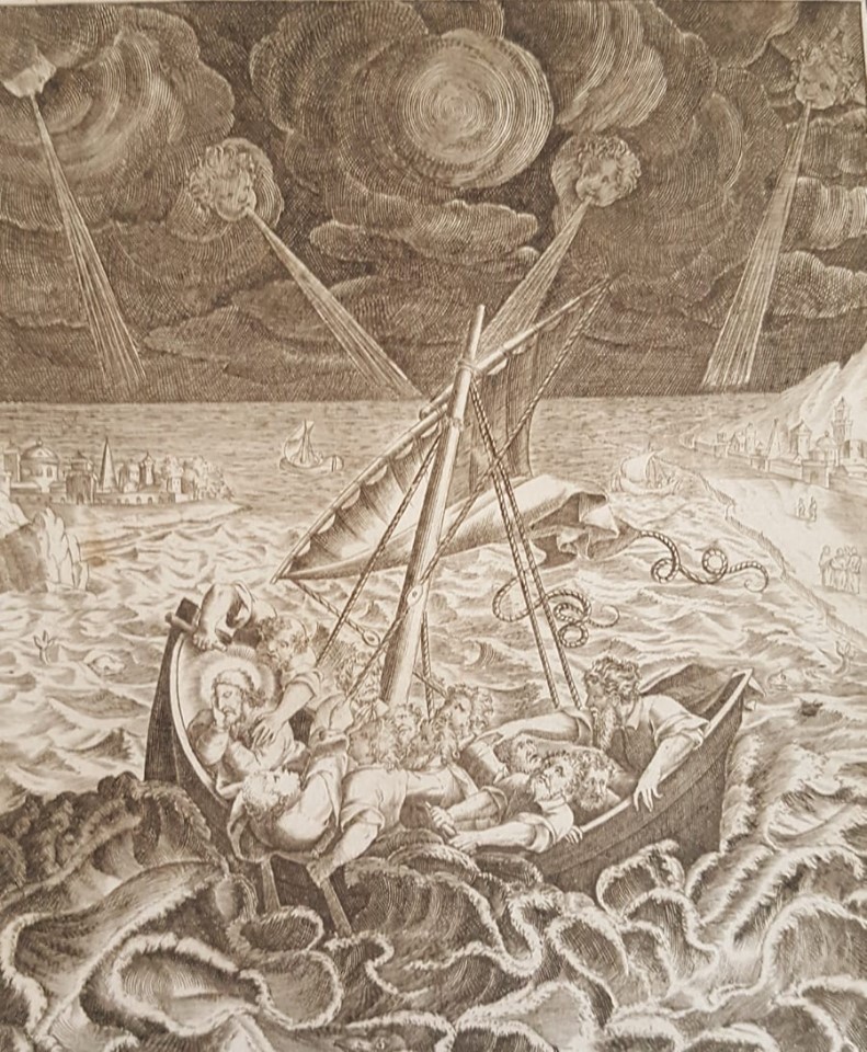 incisione antica che raffigura Cristo che placa la tempesta sul lago di Tiberiade
