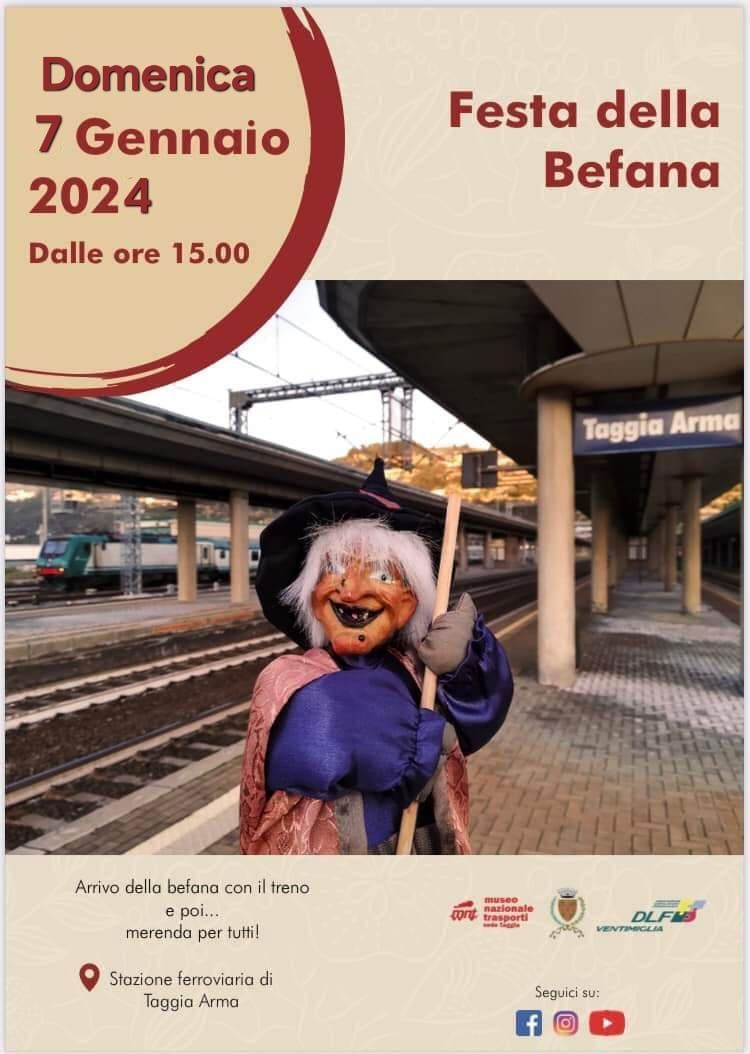 Locandina festa della Befana alla  stazione di Arma di Taggia 2024