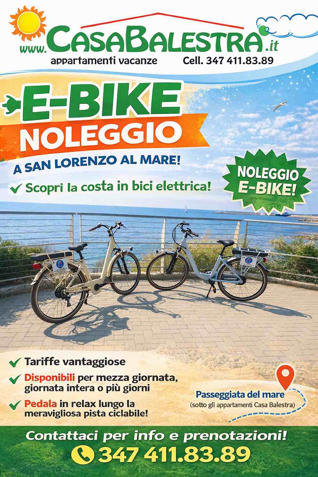 locandina noleggio bici a San Lorenzo al mare per i clienti di Casa Balestra