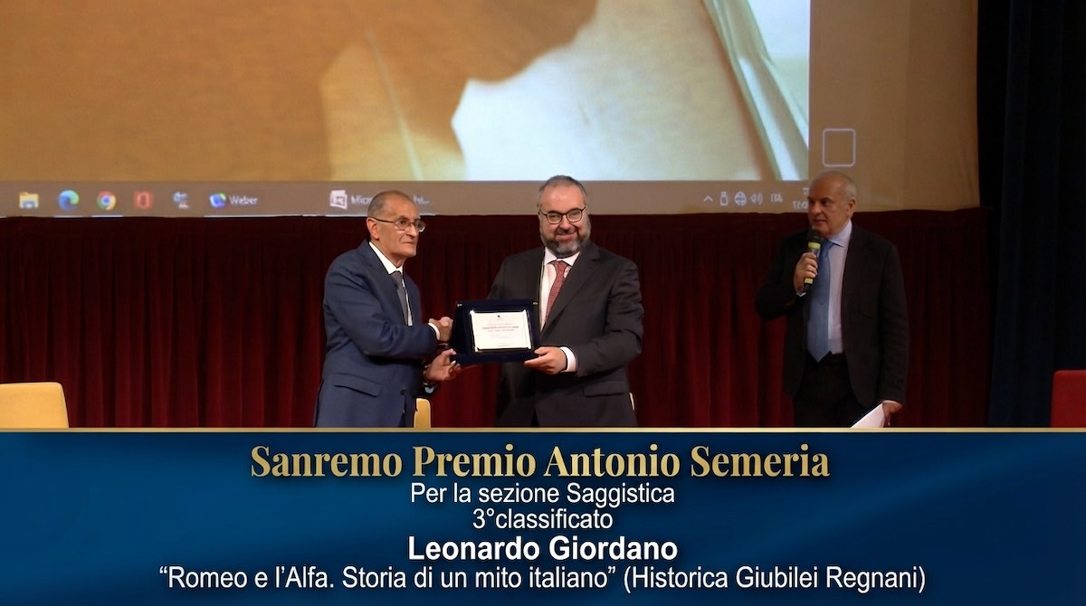 Sanremo Premio Antonio Semeria Per la sezione Saggistica 3°classificato Leoonardo Giordano “Romeo e l’Alfa. Storia di un mito italiano” (Historica Giubilei)