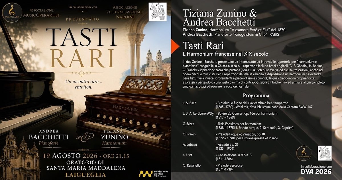locandina concerto "Tasti Rari:  con Tiziana Zunino e Andrea Bacchetti a Laigueglia